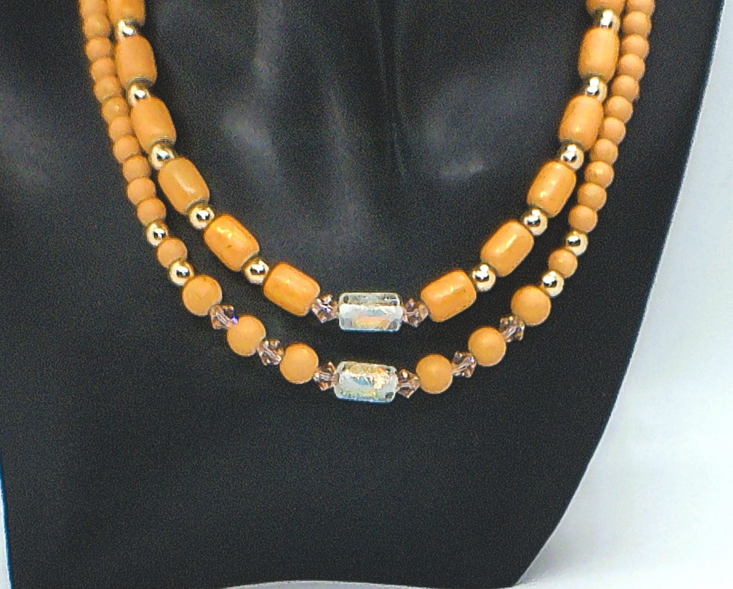 Fabulous Peach Desert Sun and Gold Hematite, One-of-a-Kind Beaded Necklace handcrafted by Artistry Jewelry