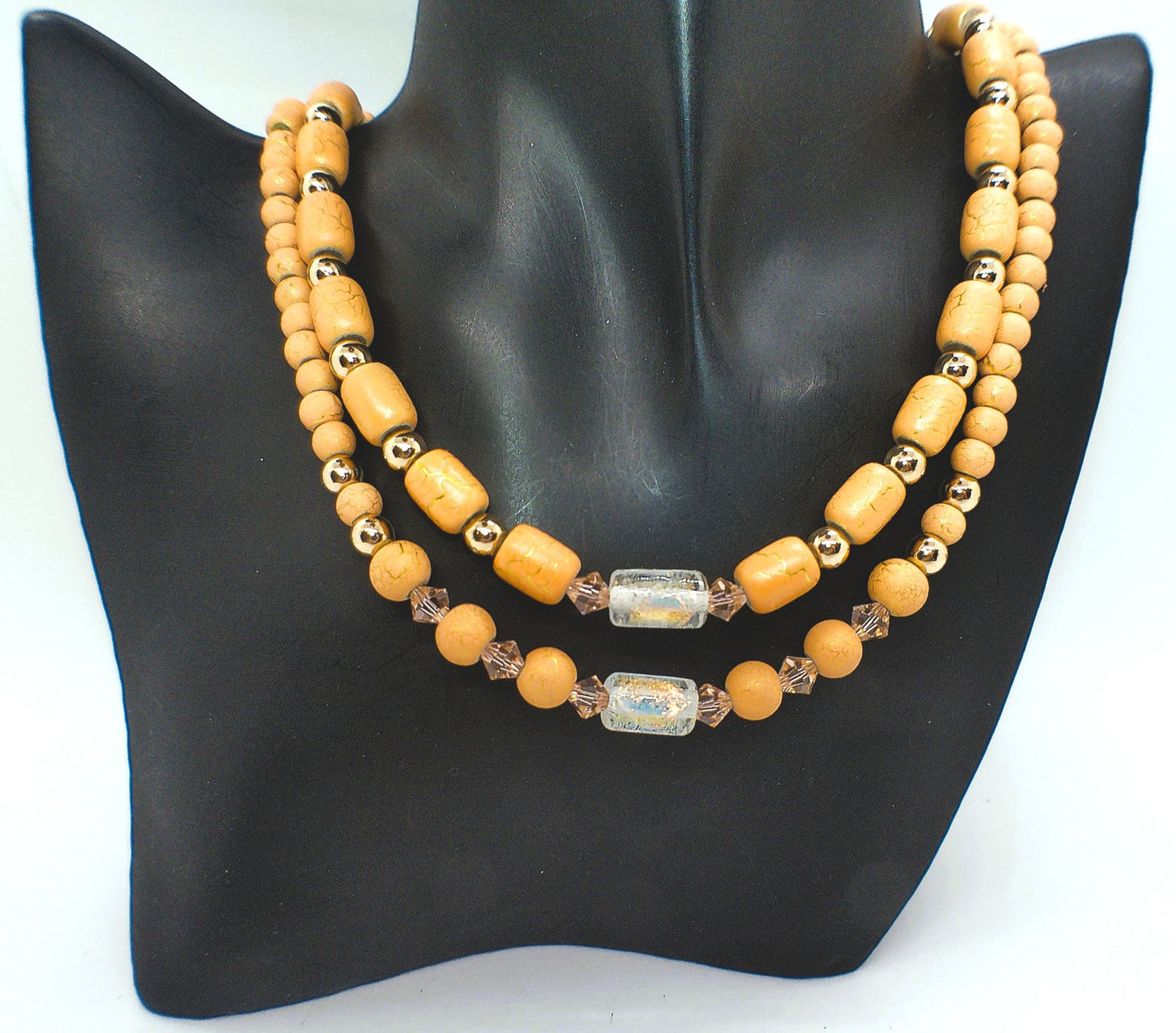 Fabulous Peach Desert Sun and Gold Hematite, One-of-a-Kind Beaded Necklace handcrafted by Artistry Jewelry