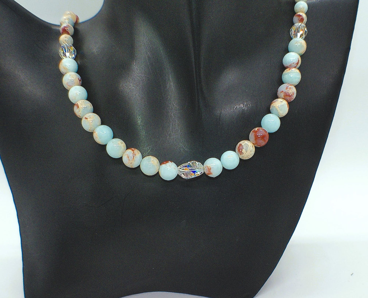 Brilliant Sky Blue Jasper, Crystals, and Onyx Beaded Necklace-handcrafted by Artistry Jewelry