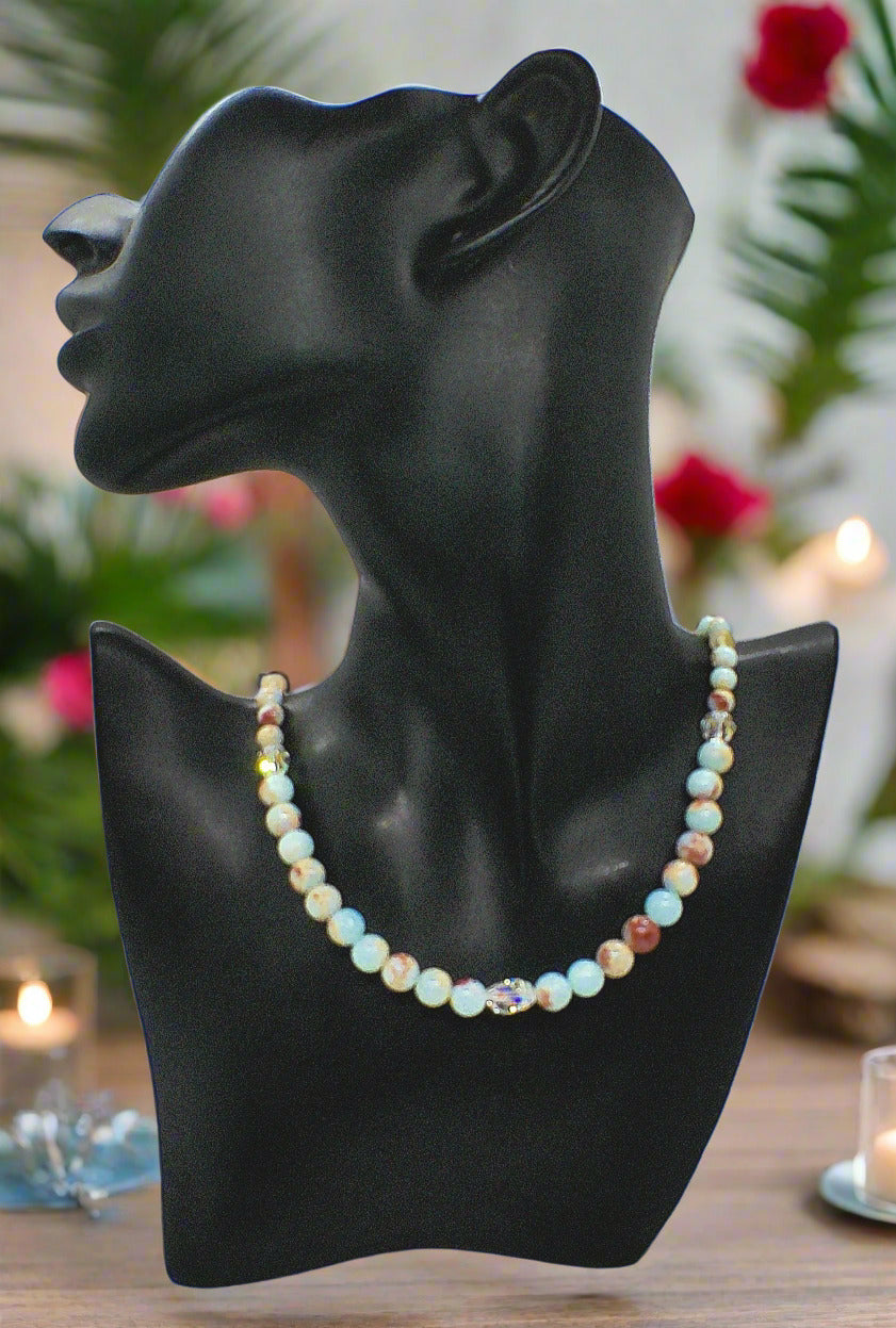Brilliant Sky Blue Jasper, Crystals, and Onyx Beaded Necklace-handcrafted by Artistry Jewelry