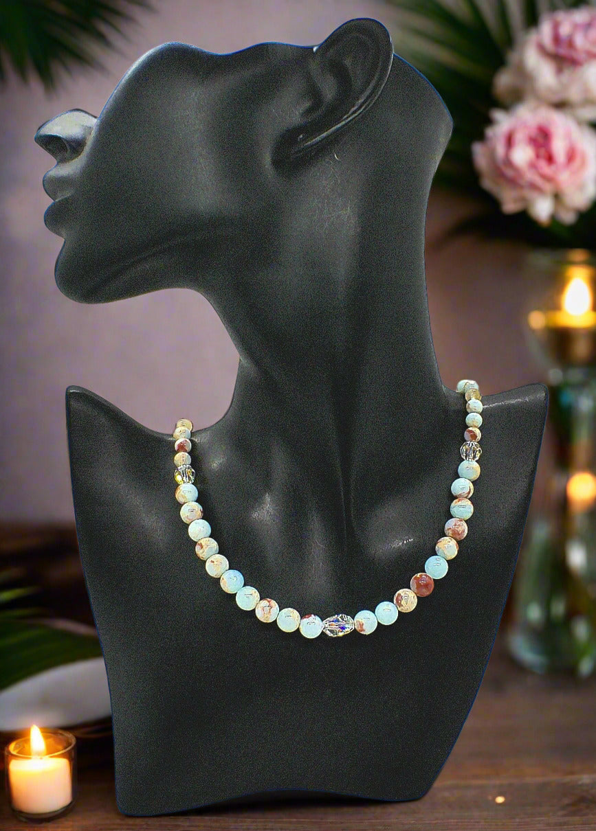 Brilliant Sky Blue Jasper, Crystals, and Onyx Beaded Necklace-handcrafted by Artistry Jewelry
