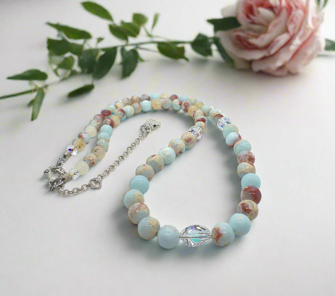 Brilliant Sky Blue Jasper, Crystals, and Onyx Beaded Necklace-handcrafted by Artistry Jewelry