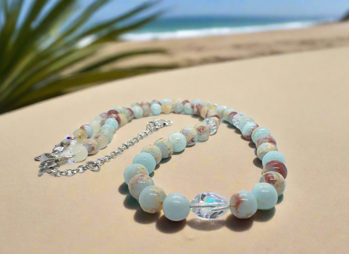 Brilliant Sky Blue Jasper, Crystals, and Onyx Beaded Necklace-handcrafted by Artistry Jewelry