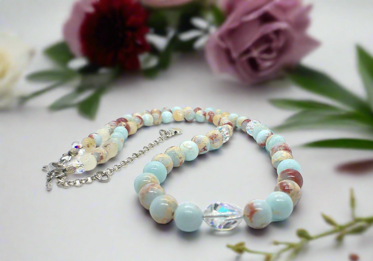 Brilliant Sky Blue Jasper, Crystals, and Onyx Beaded Necklace-handcrafted by Artistry Jewelry