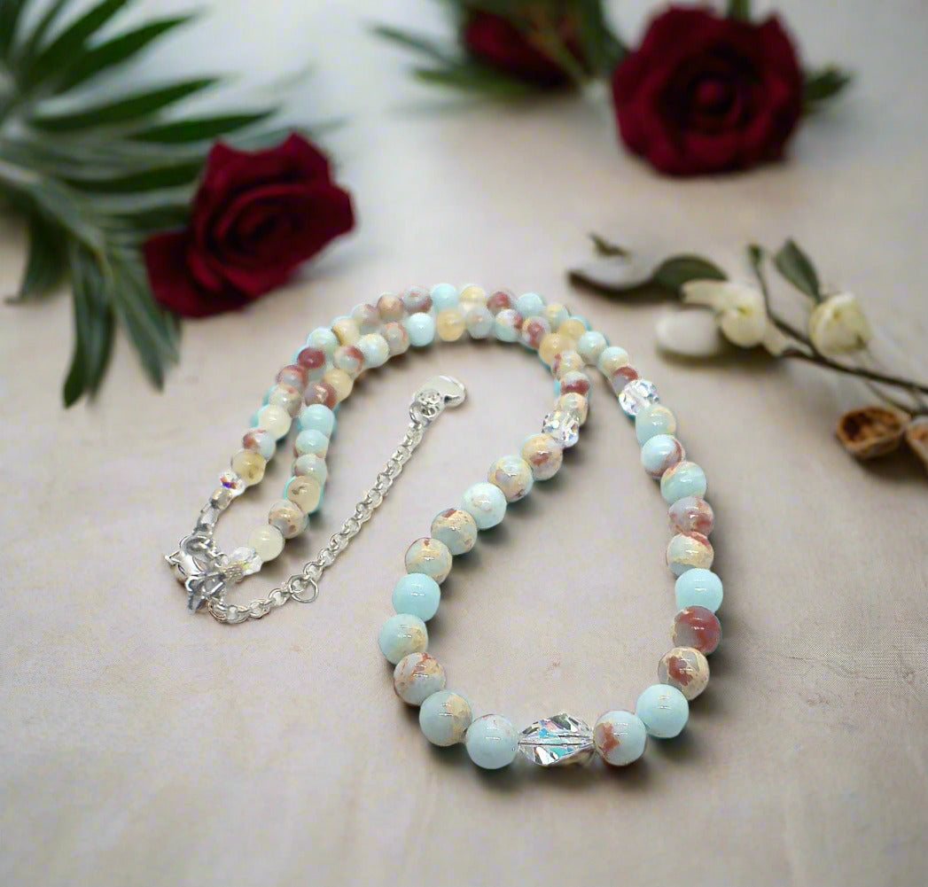 Brilliant Sky Blue Jasper, Crystals, and Onyx Beaded Necklace-handcrafted by Artistry Jewelry