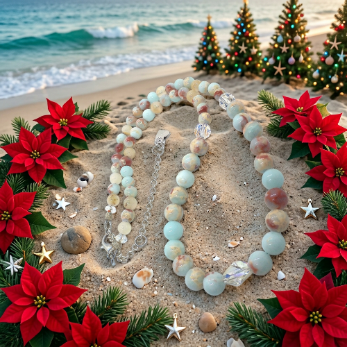 Brilliant Sky Blue Jasper, Crystals, and Onyx Beaded Necklace-handcrafted by Artistry Jewelry
