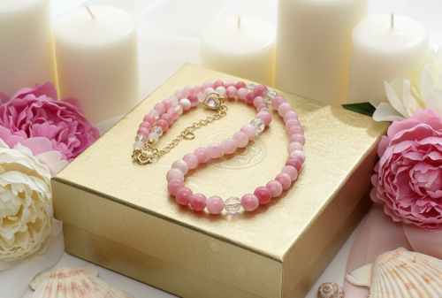 Lovely Pink and White Jasper & Crystal Beaded Necklace - handcrafted by Artistry Jewelry