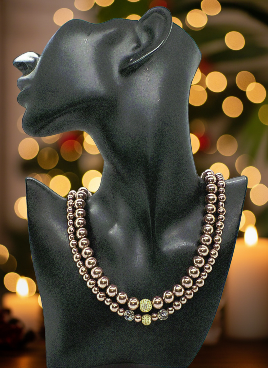 Stunning Crystal, Pearl, and Druk Two-Strand Beaded Necklace