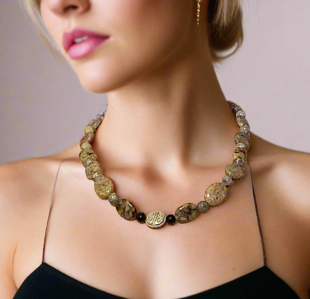 Lovely Pink Feldspar & Maifanite Jasper, Black, brown, Gray, Semi-precious, Beaded Necklace handcrafted by Artistry Jewelry