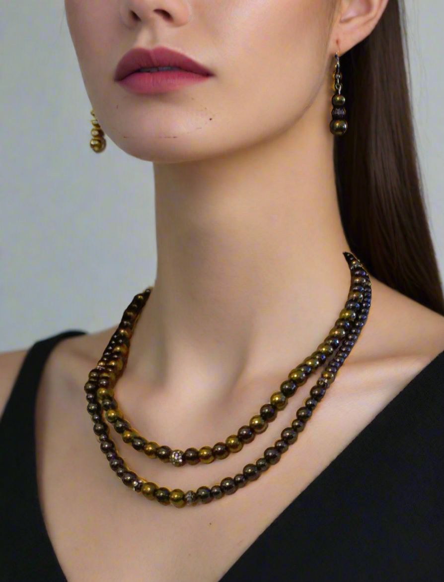 Gorgeous Gold & Black Hematite Two-Strand Beaded Necklace Set handcrafted by Artistry Jewelry