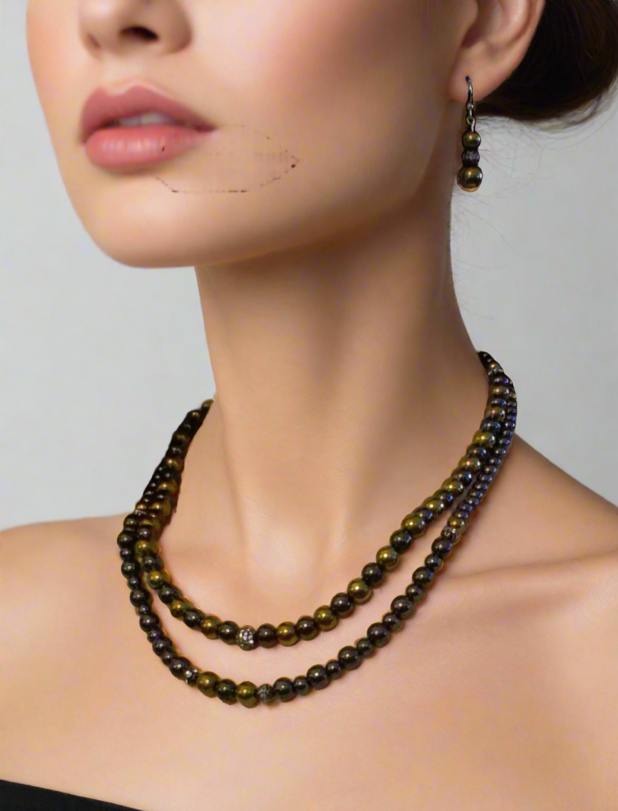 Gorgeous Gold & Black Hematite Two-Strand Beaded Necklace Set handcrafted by Artistry Jewelry