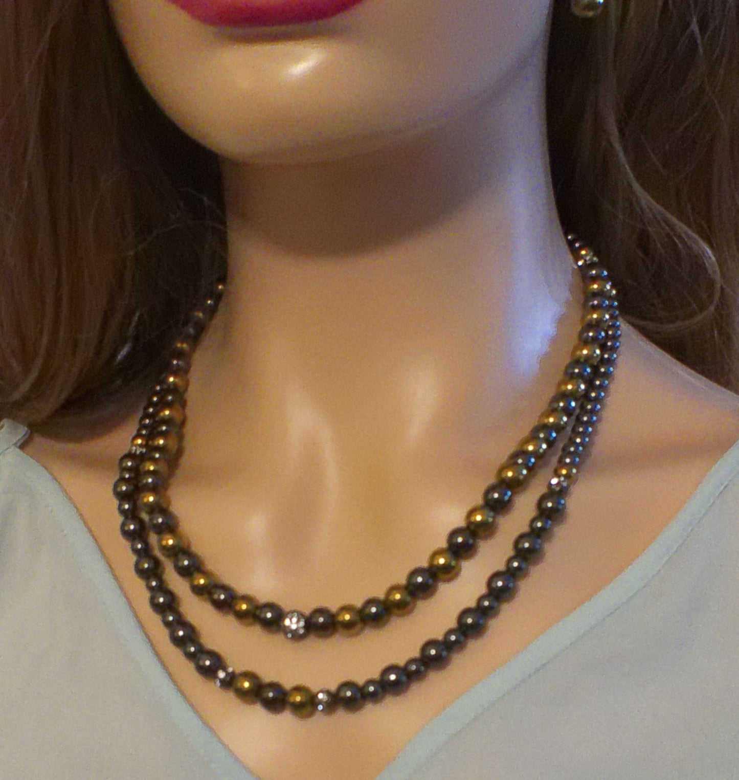 Gorgeous Gold & Black Hematite Two-Strand Beaded Necklace Set handcrafted by Artistry Jewelry