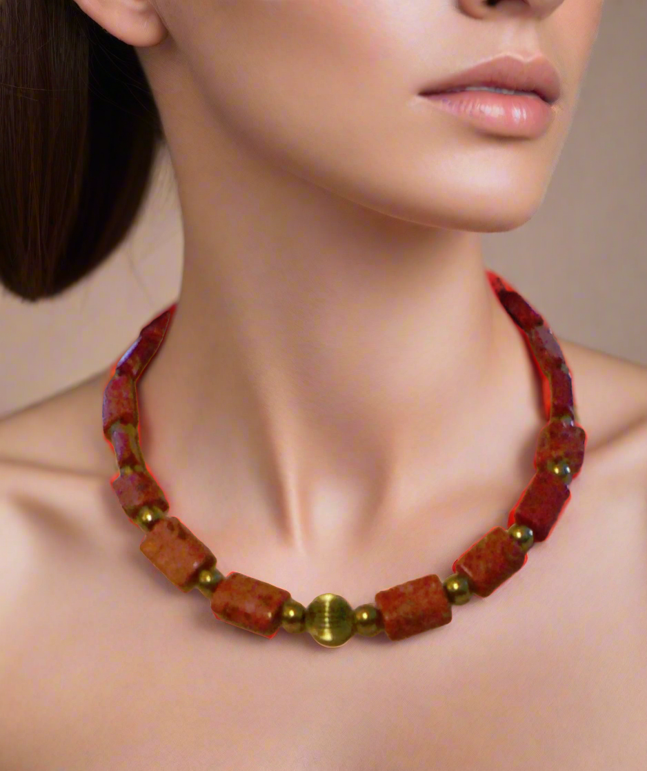 Beautiful Coral Rectangles, Antique Gold Rds, GP Hematite Semi-precious Beaded Necklace handcrafted by Artistry Jewelry