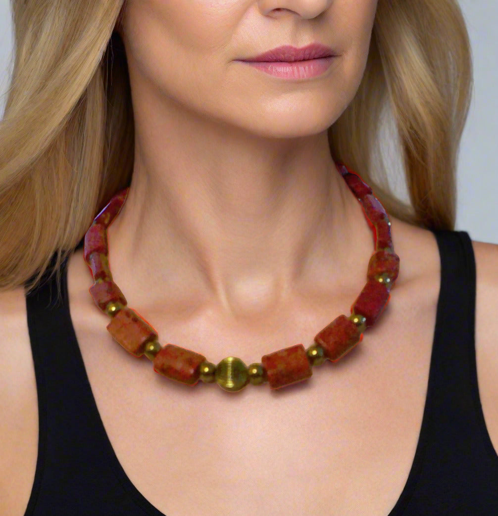 Beautiful Coral Rectangles, Antique Gold Rds, GP Hematite Semi-precious Beaded Necklace handcrafted by Artistry Jewelry