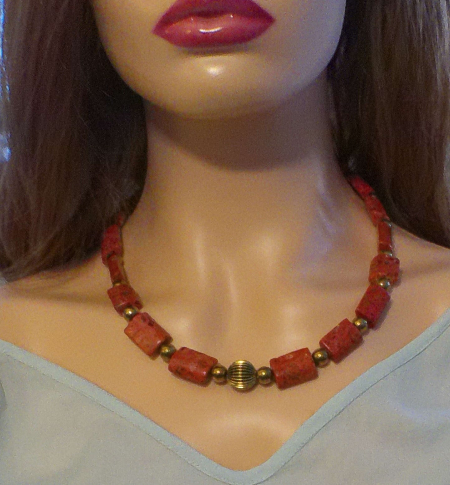 Beautiful Coral Rectangles, Antique Gold Rds, GP Hematite Semi-precious Beaded Necklace handcrafted by Artistry Jewelry