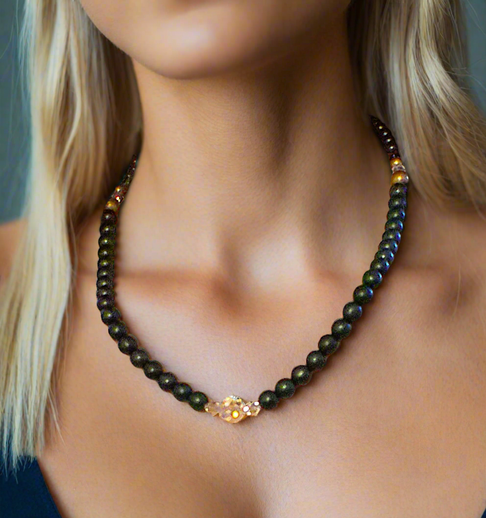 Gorgeous Dark Green, Crystal, and Gold Druk beads, One-of-a-Kind, Beaded Necklace Set- handcrafted by Artistry Jewelry