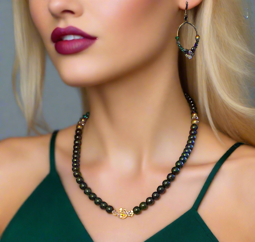 Gorgeous Dark Green, Crystal, and Gold Druk beads, One-of-a-Kind, Beaded Necklace Set- handcrafted by Artistry Jewelry