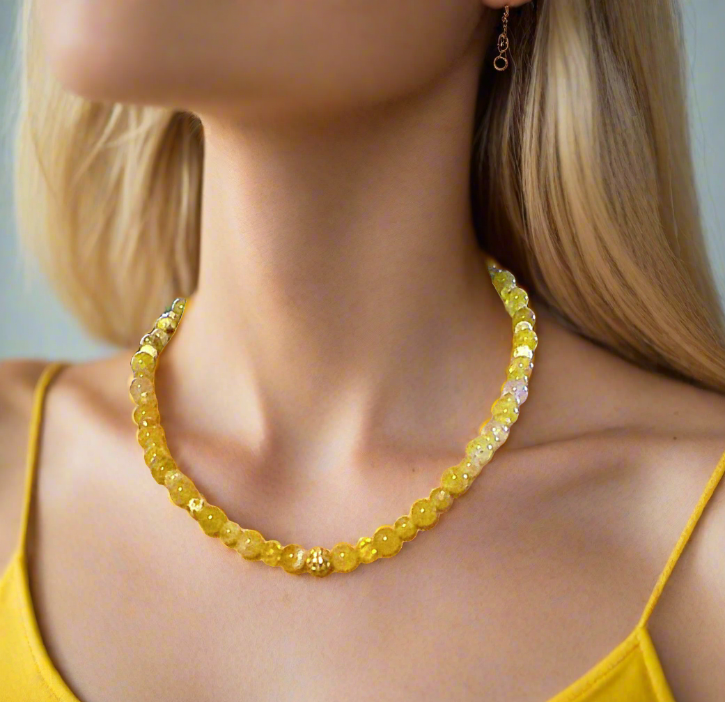 Gorgeous Yellow Fire Agates and Crystals Beaded Semi-precious Necklace handcrafted by Artistry Jewelry