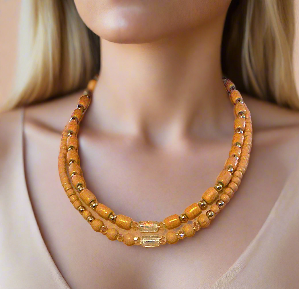 Fabulous Peach Desert Sun and Gold Hematite, One-of-a-Kind Beaded Necklace handcrafted by Artistry Jewelry