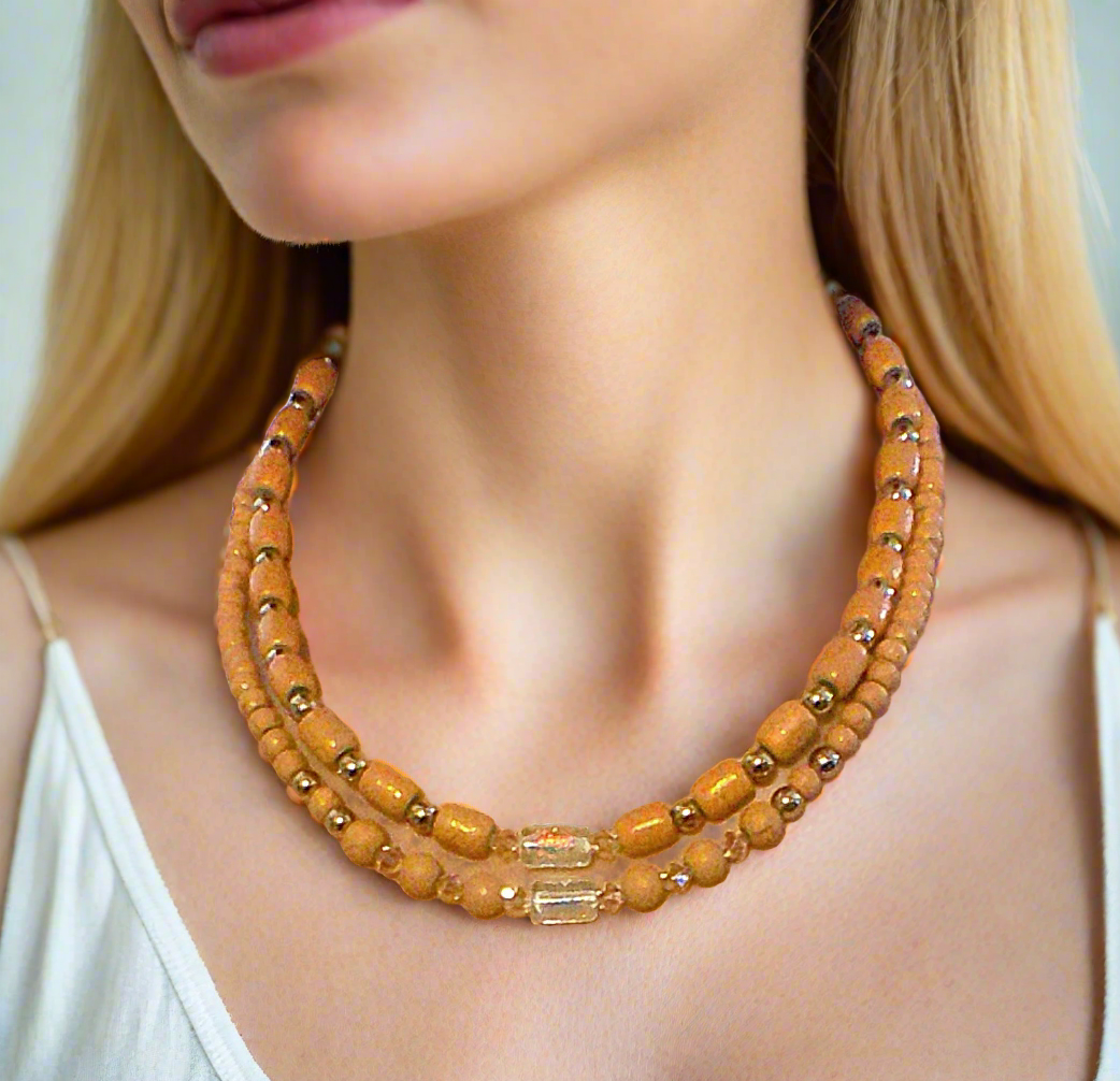 Fabulous Peach Desert Sun and Gold Hematite, One-of-a-Kind Beaded Necklace handcrafted by Artistry Jewelry