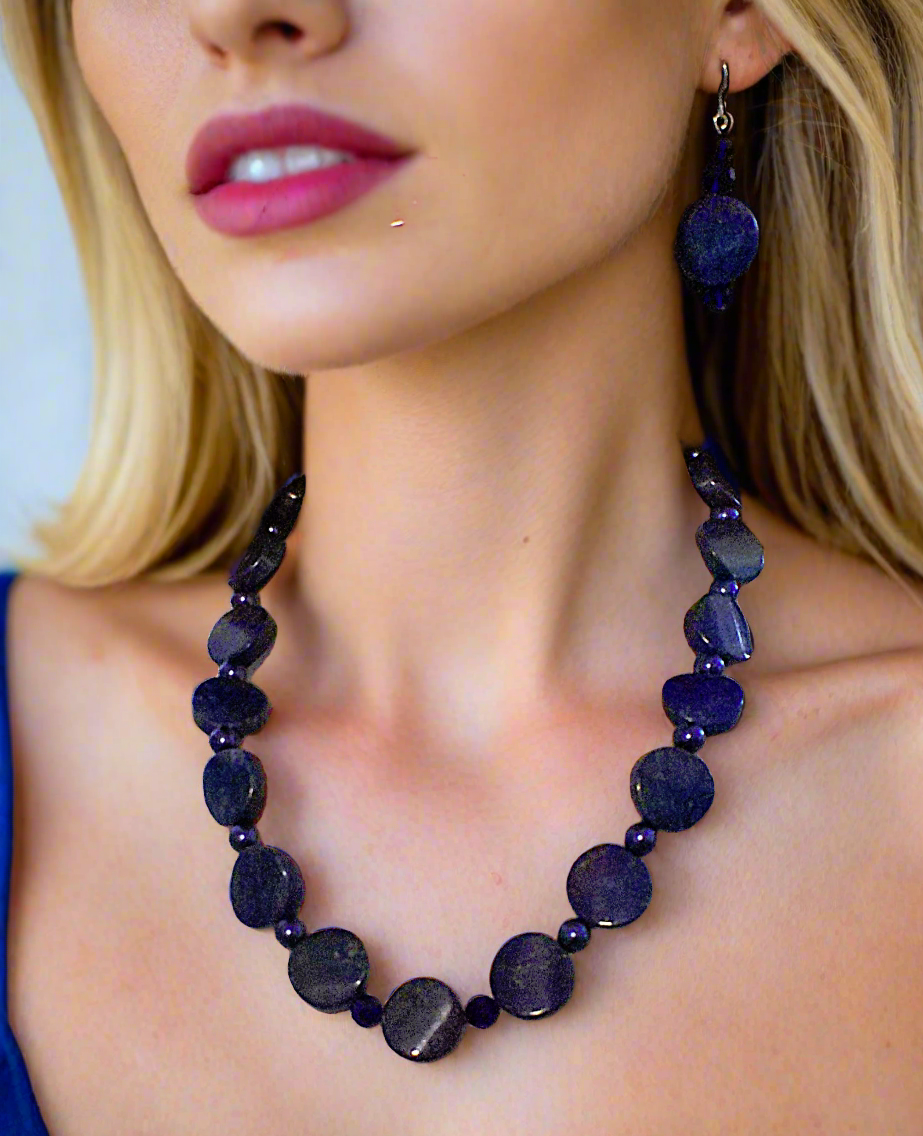 Stunning Lapis Lazuli and Crystals, Dark Blue, Silver, Semi-precious, Beaded Necklace Set handcrafted by Artistry Jewelry