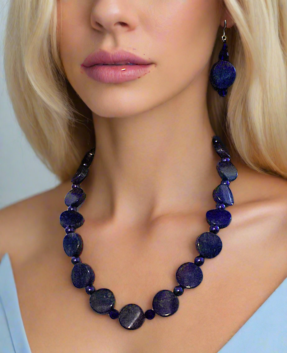 Stunning Lapis Lazuli and Crystals, Dark Blue, Silver, Semi-precious, Beaded Necklace Set handcrafted by Artistry Jewelry
