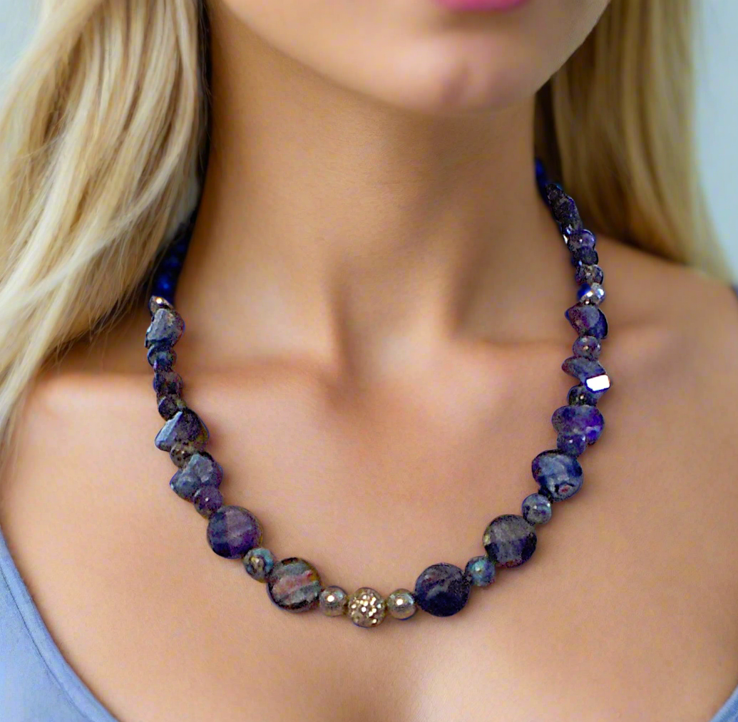 Beautiful Sea Blue Jasper, Firepolish Blue, Silver and Montana Blue, Beaded Necklace handcrafted by Artistry Jewelry