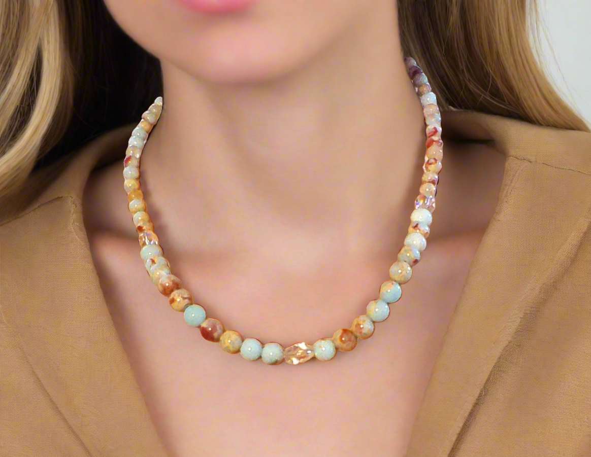 Brilliant Sky Blue Jasper, Crystals, and Onyx Beaded Necklace-handcrafted by Artistry Jewelry