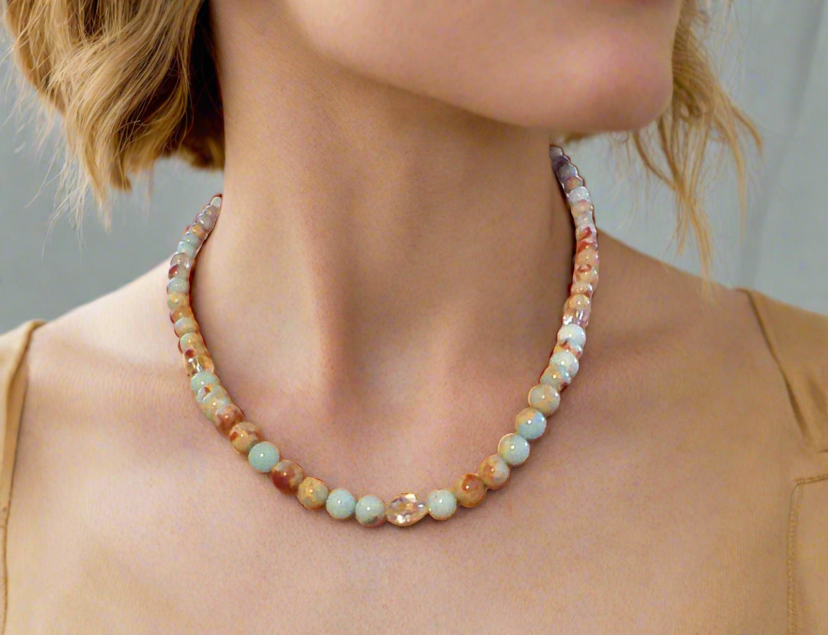Brilliant Sky Blue Jasper, Crystals, and Onyx Beaded Necklace-handcrafted by Artistry Jewelry