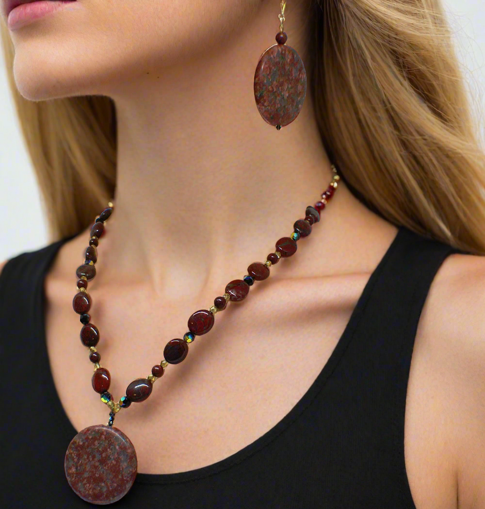 Lovely Jet Bicone Crystals, Red Feldspar, and Cubic Zirconia, One-of-a-Kind, Beaded Necklace Set-handcrafted by Artistry Jewelry