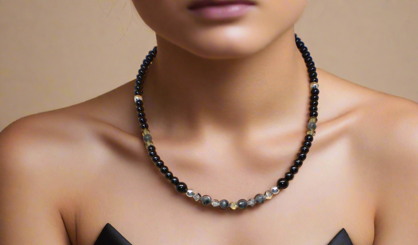 Fabulous Black & Gray Labrador, Black Onyx and Black Diamond Crystals, Semi-precious, One-of-a-Kind Beaded Necklace A-handcrafted by Artistry Jewelry