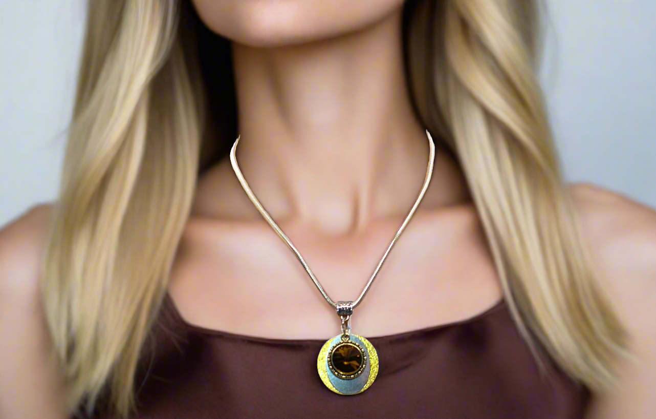 Smokey Topaz Rivoli Pendant, and Silver Snake Chain Necklace- by Artistry Jewelry
