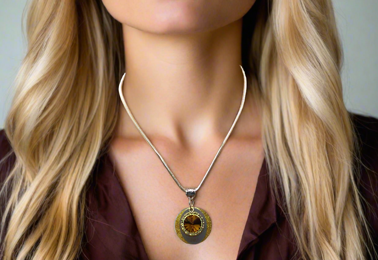 Smokey Topaz Rivoli Pendant, and Silver Snake Chain Necklace- by Artistry Jewelry