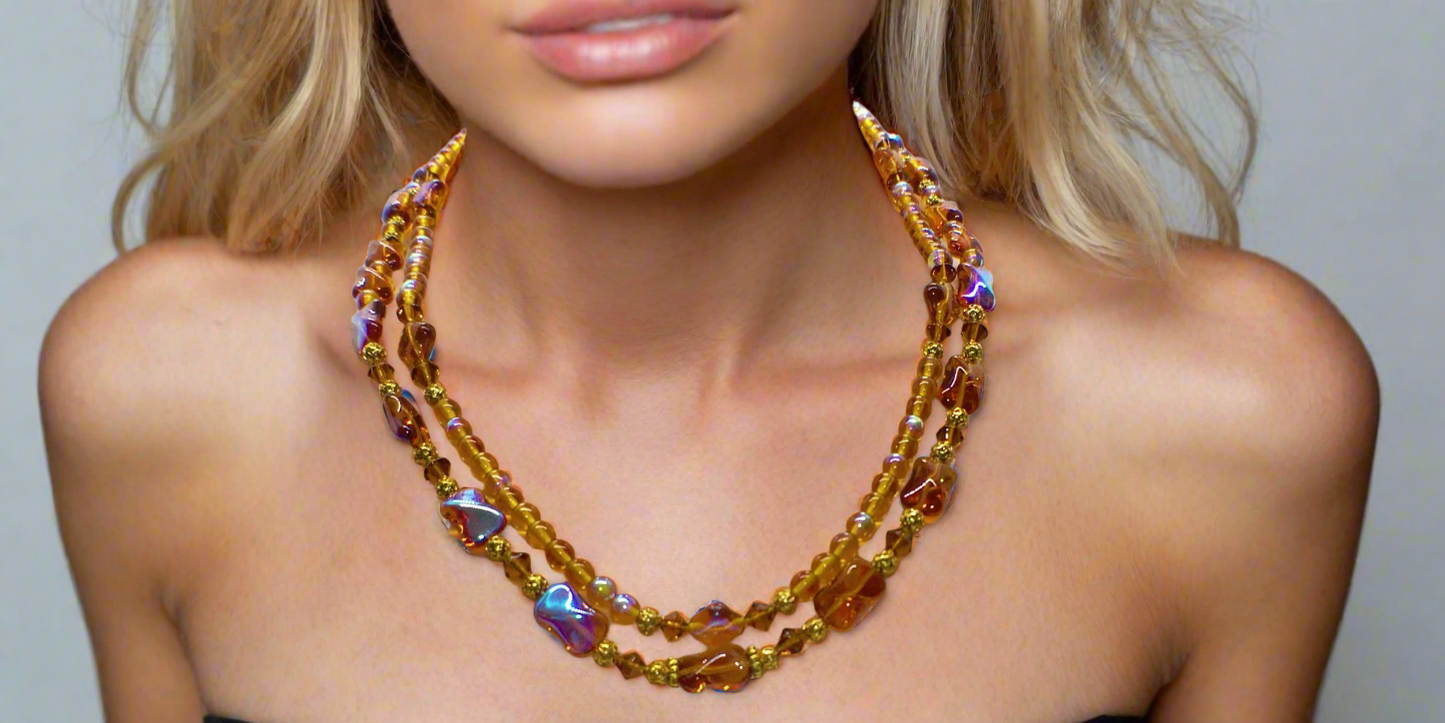 Lovely Browns, Blues, Oranges, and Gold Colors, Two-Strands, Beaded Necklaces, One-of-a-Kind - crafted by Artistry Jewelry