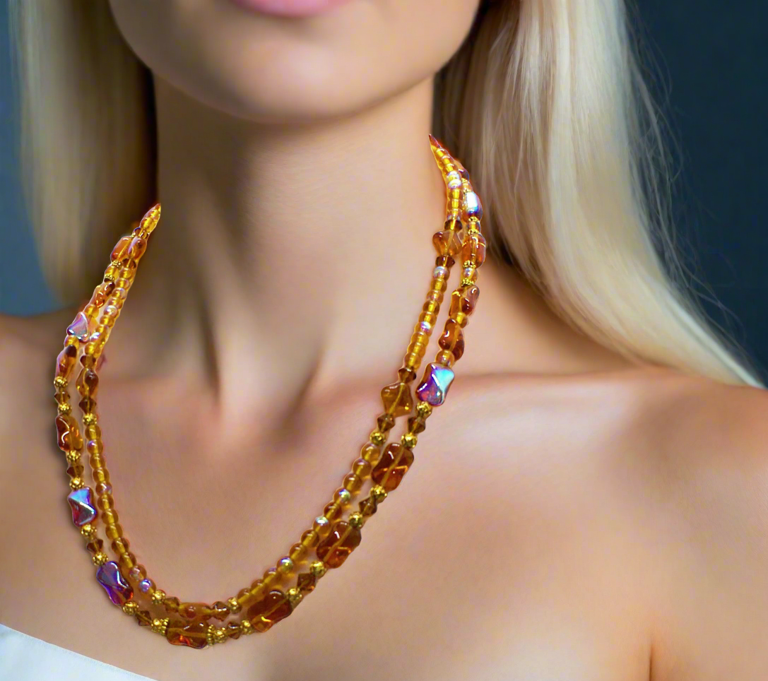 Lovely Browns, Blues, Oranges, and Gold Colors, Two-Strands, Beaded Necklaces, One-of-a-Kind - crafted by Artistry Jewelry