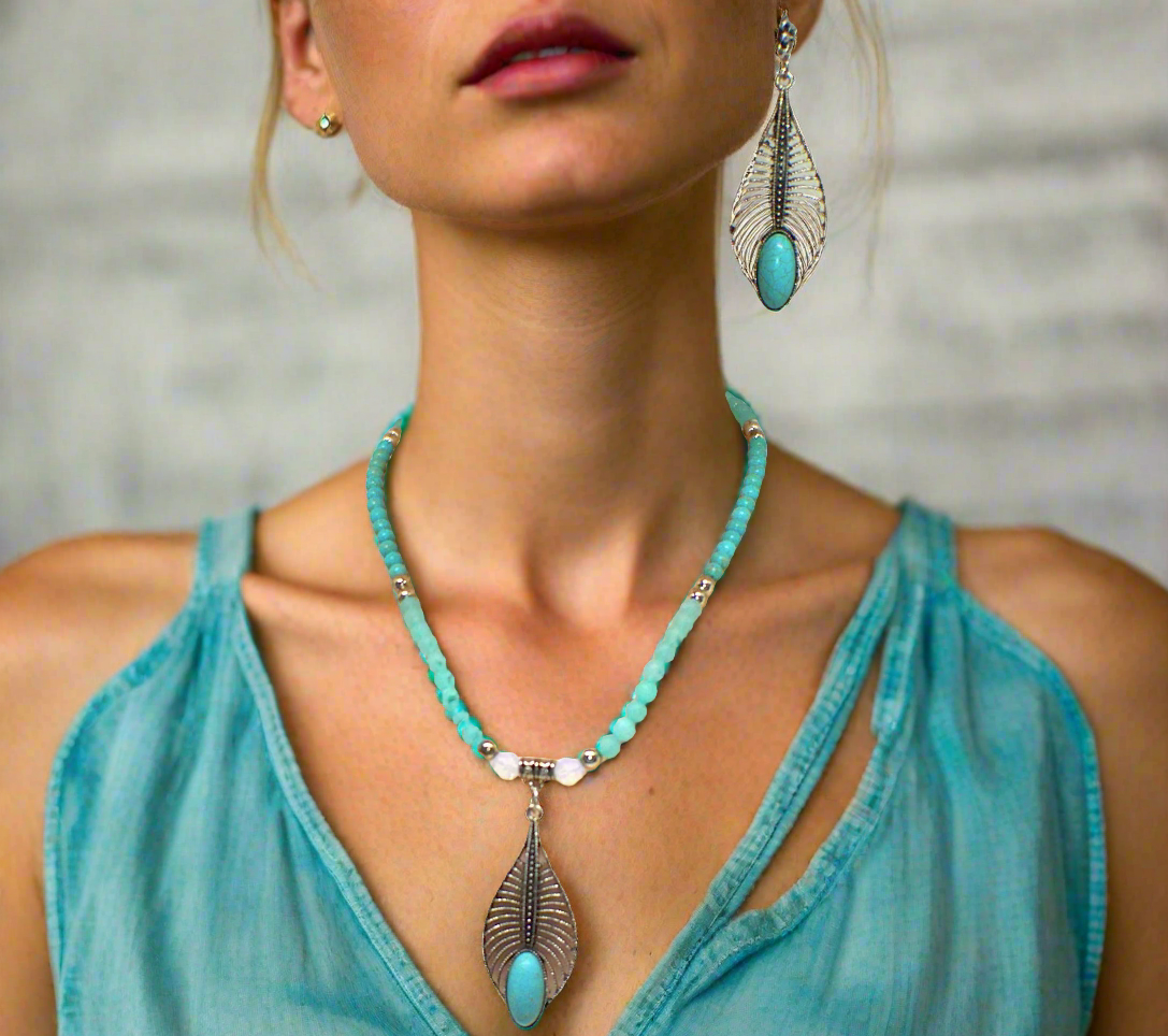 Fabulous Turquoise, Blue Crystal, Silver, and Magnesite, Semi-precious, Beaded Necklace Set - handcrafted by Artistry Jewelry