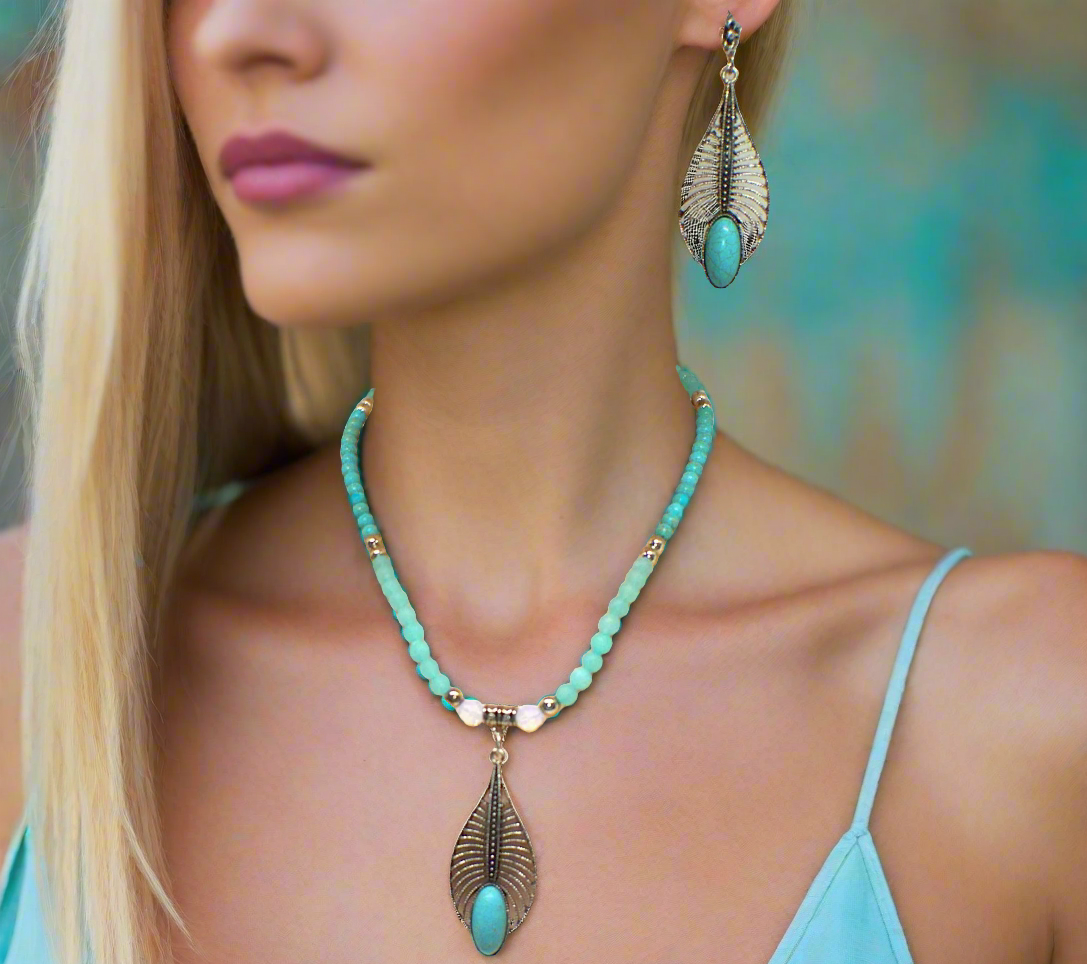 Fabulous Turquoise, Blue Crystal, Silver, and Magnesite, Semi-precious, Beaded Necklace Set - handcrafted by Artistry Jewelry