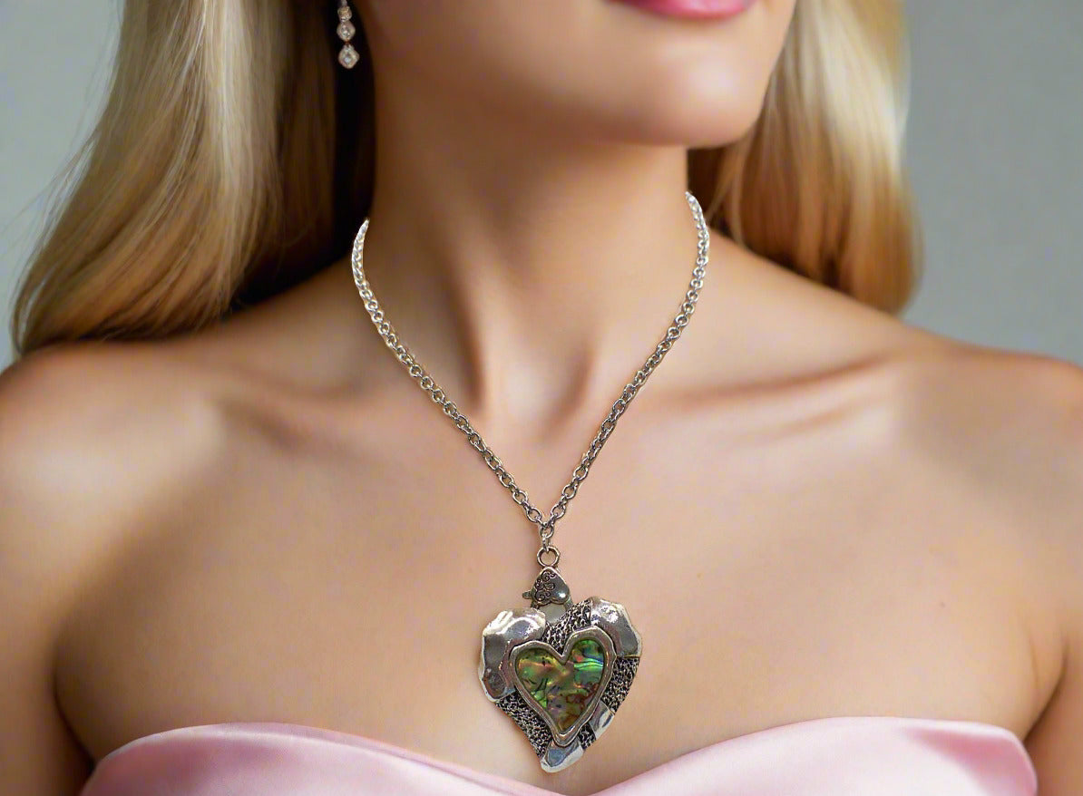 Lovely Abalone Heart Pendant, Silver Rolo Chain Necklace with Matching Earrings-by Artistry Jewelry