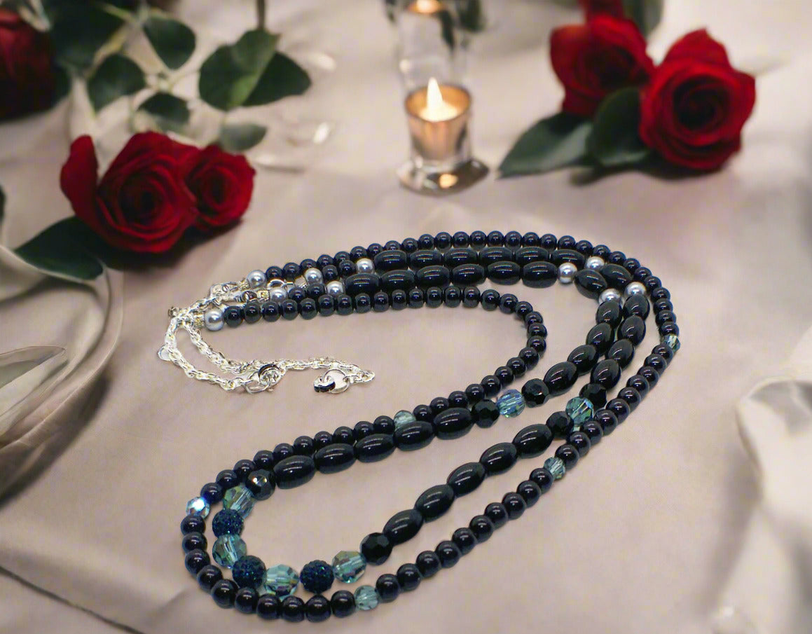Stunning Sapphire Crystals, Black & Gray Pearl Beads, Dark BlueCzech PAVE Balls, Beaded Necklace - handcrafted by Artistry Jewelry