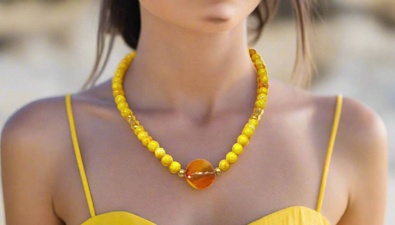 Exciting Yellow Fire Dragon Agates and Copper Crystal Twist, Semi-precious, One-of-a-Kind, Necklace - handcrafted by Artistry Jewelry