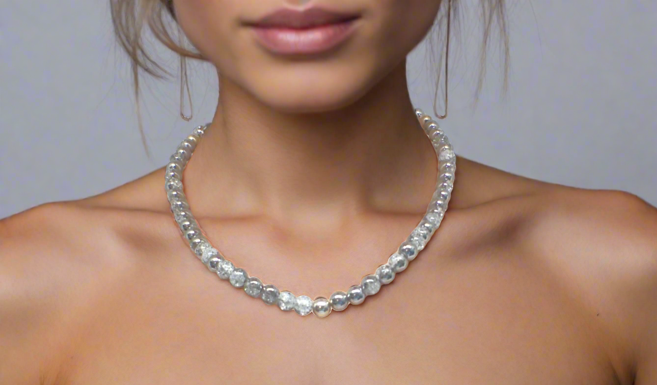 Beautiful Snow Cracked Crystal Beads and SP Hematite, Beaded Necklace Set-crafted by Artistry Jewelry