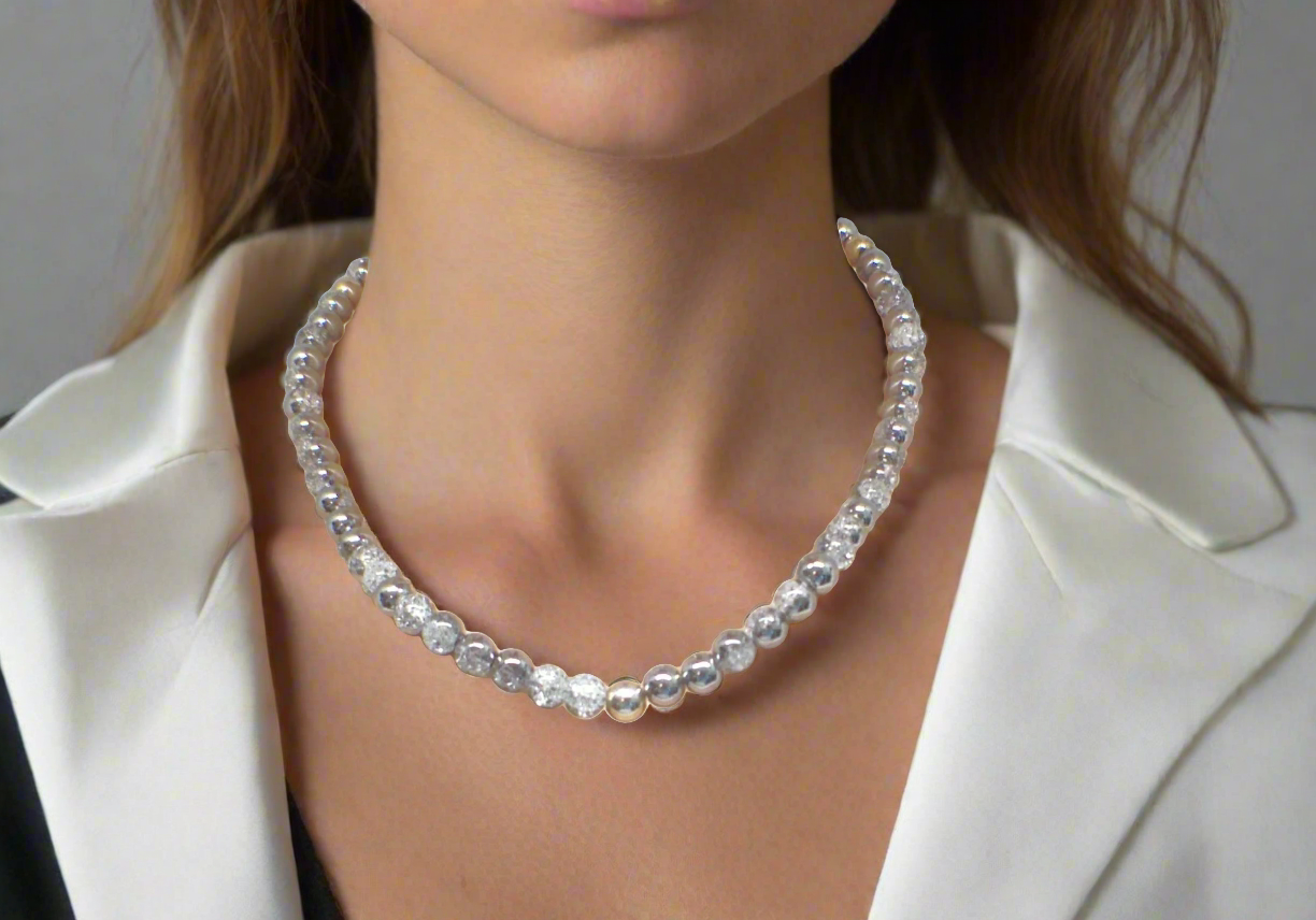 Beautiful Snow Cracked Crystal Beads and SP Hematite, Beaded Necklace Set-crafted by Artistry Jewelry