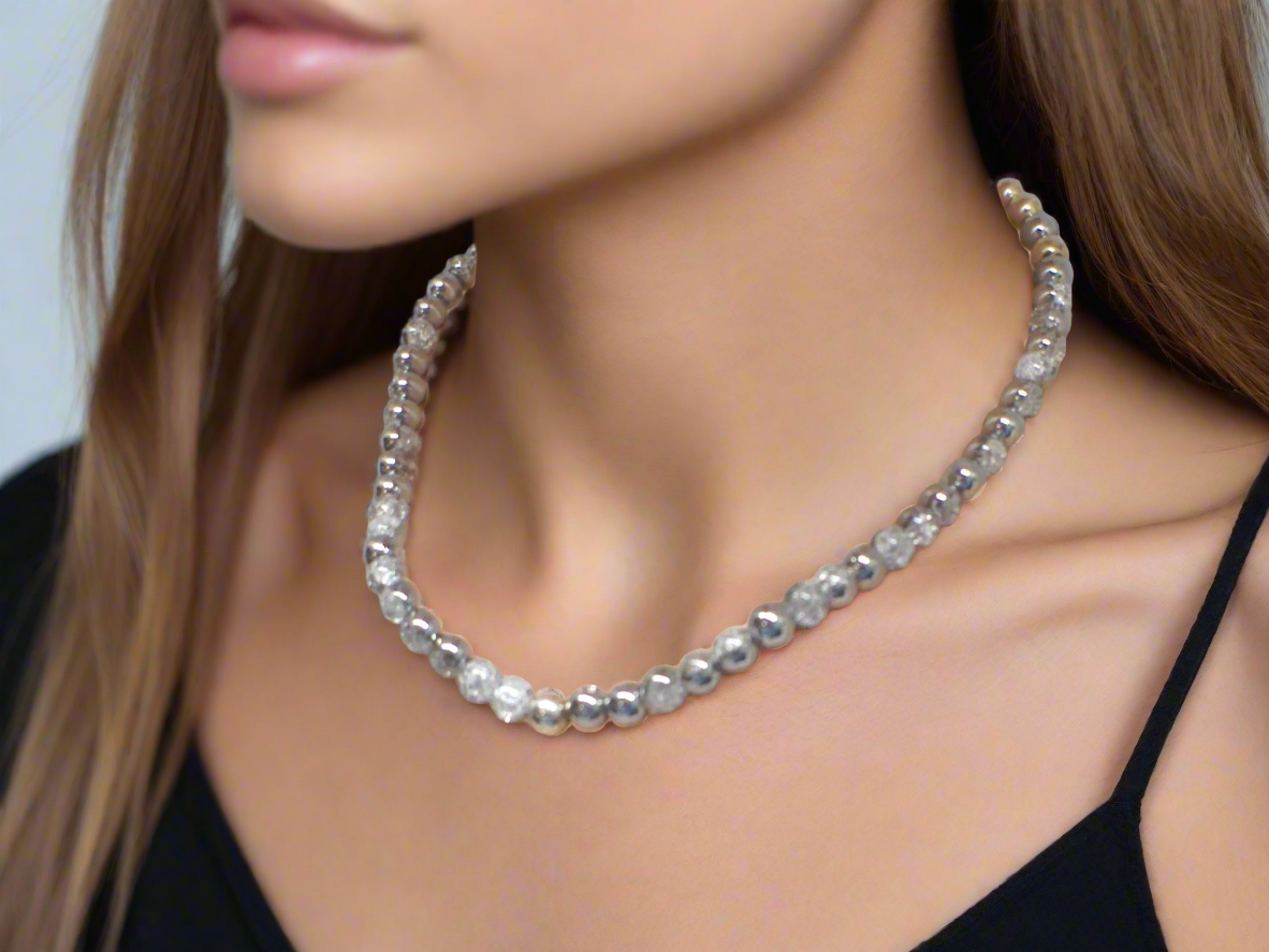 Beautiful Snow Cracked Crystal Beads and SP Hematite, Beaded Necklace Set-crafted by Artistry Jewelry