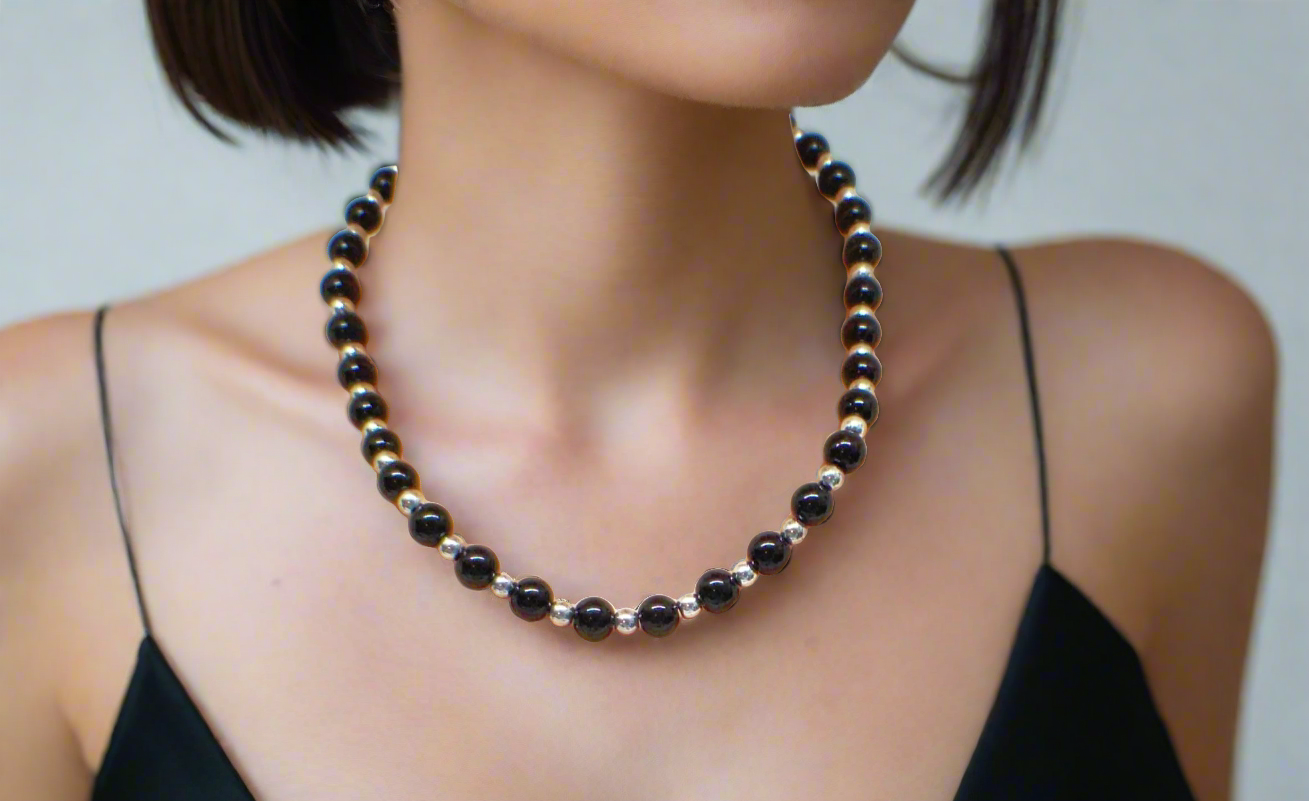 Flaunting Silver Hematite and Black Satin Pearl Beaded Necklace - handcrafted by Artistry Jewelry