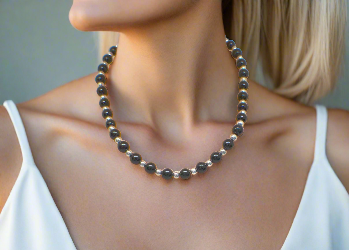 Flaunting Silver Hematite and Black Satin Pearl Beaded Necklace - handcrafted by Artistry Jewelry