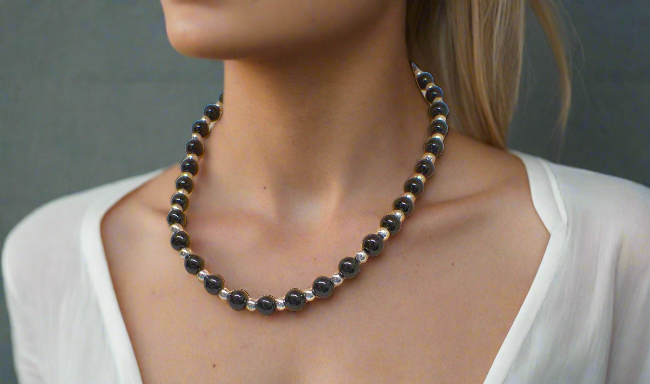 Flaunting Silver Hematite and Black Satin Pearl Beaded Necklace - handcrafted by Artistry Jewelry