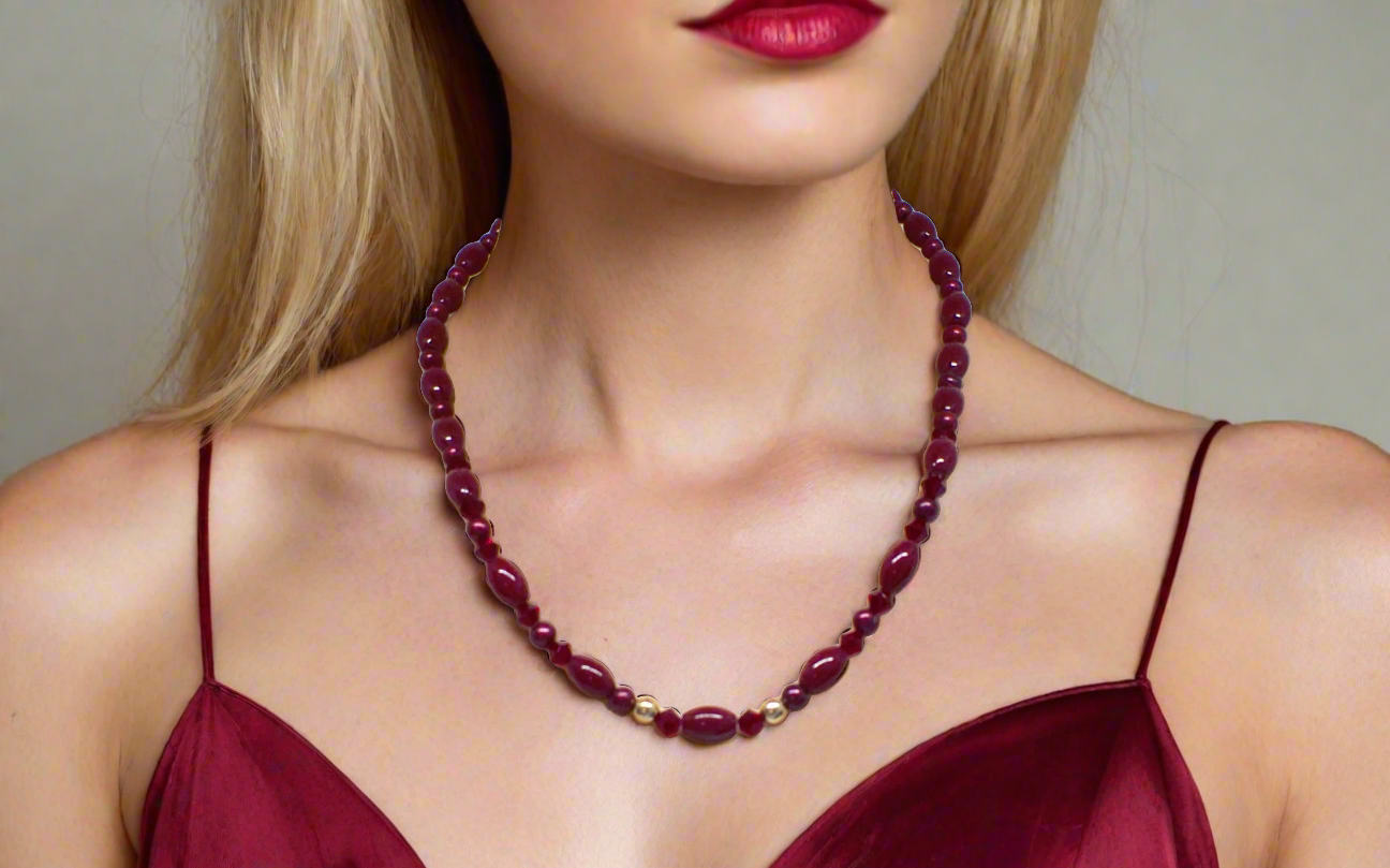 Lovely Natural Mountain Jade(D), Siam Bicones, and Gold Hematite, One-of-a-Kind, Burgundy Beaded Necklace-crafted by Artistry Jewelry