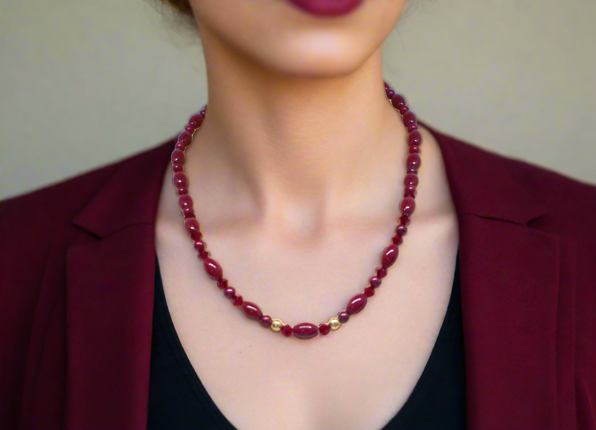 Lovely Natural Mountain Jade(D), Siam Bicones, and Gold Hematite, One-of-a-Kind, Burgundy Beaded Necklace-crafted by Artistry Jewelry