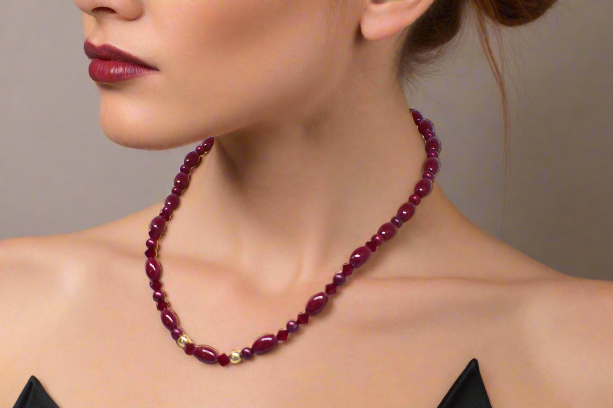Lovely Natural Mountain Jade(D), Siam Bicones, and Gold Hematite, One-of-a-Kind, Burgundy Beaded Necklace-crafted by Artistry Jewelry