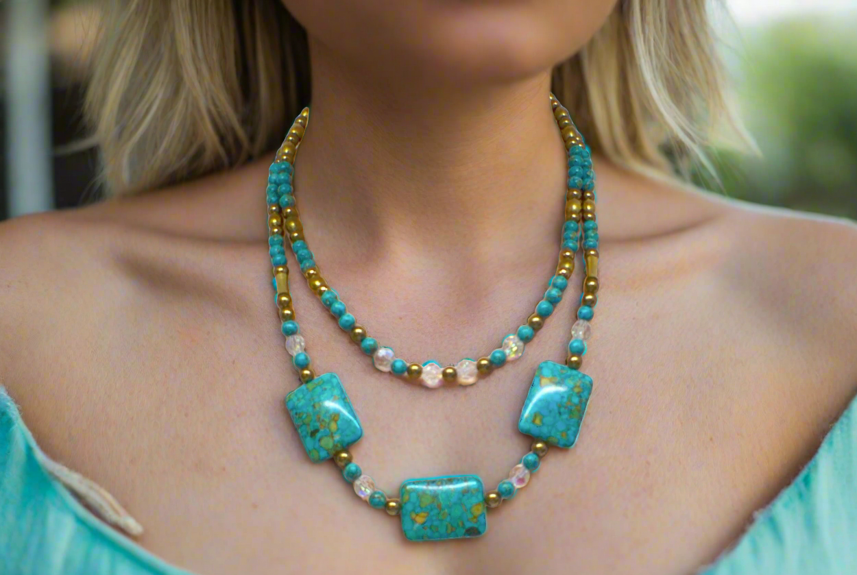 Lovely Blue Mosaic Turquoise, and Austrian Crystal, Two-strand, Forever Beaded Necklace-crafted by Artistry Jewelry